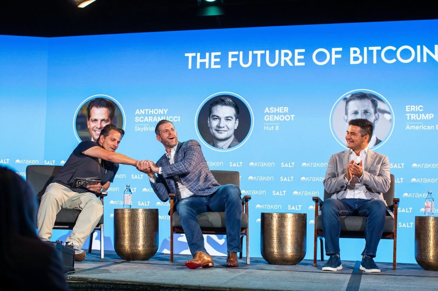 SkyBridge Capital founder Anthony Scaramucci (left) with Eric Trump (middle) and Asher Genoot, chairman of American Bitcoin.