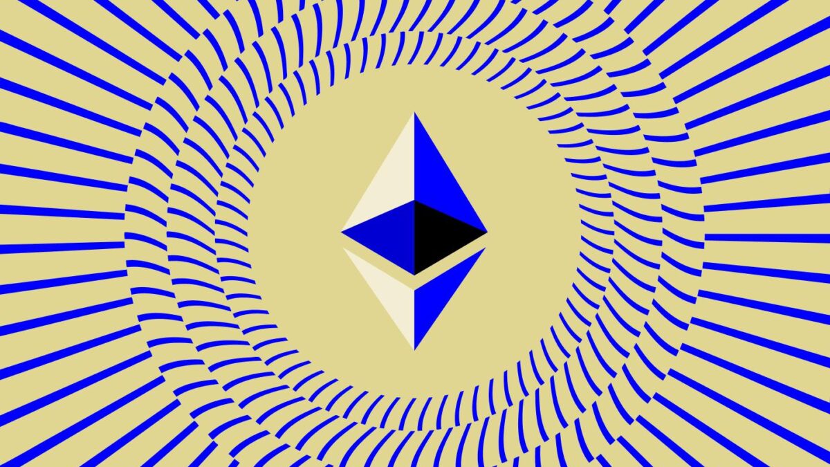 A picture of the Ethereum logo surrounded by rays of light.