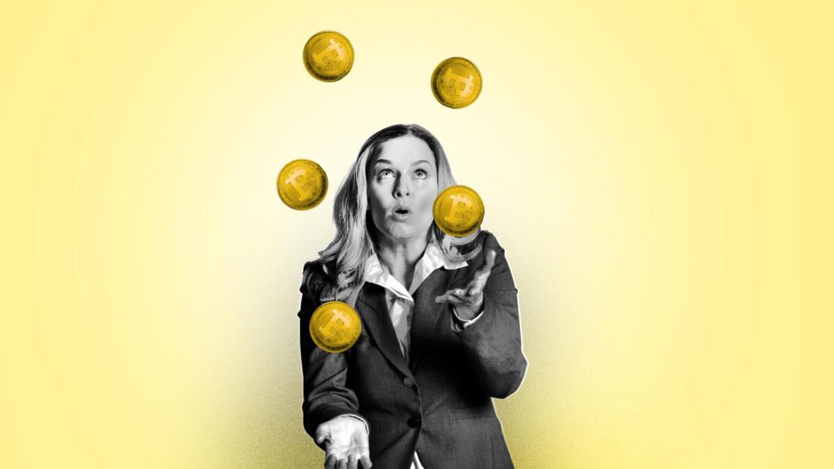 A woman juggles Bitcoin