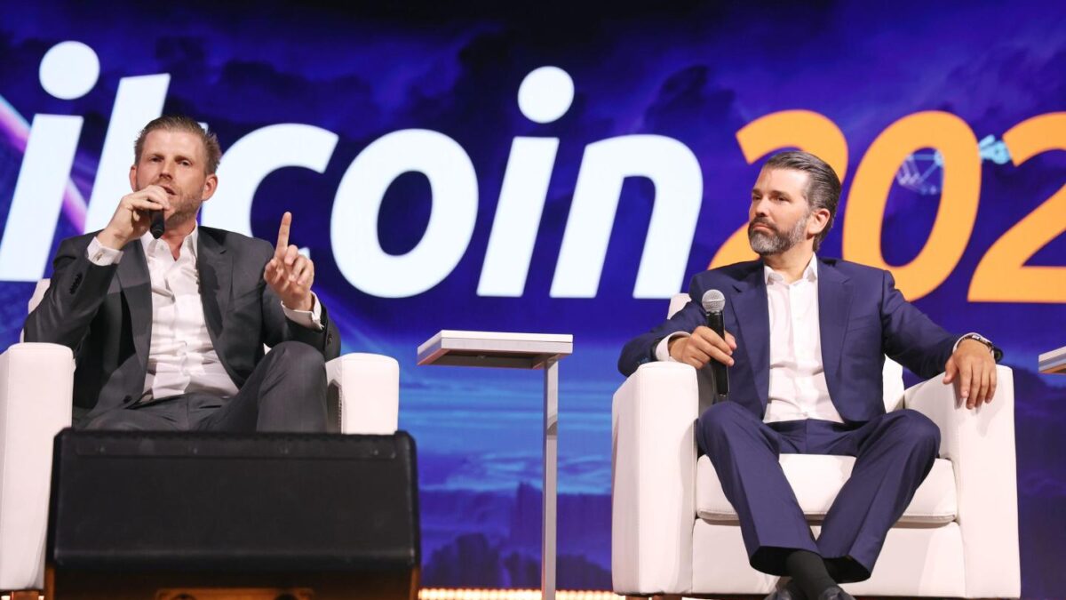 Eric Trump (left) and Donald Trump Jr. on stage in May at the Bitcoin 2025 conference in Las Vegas.