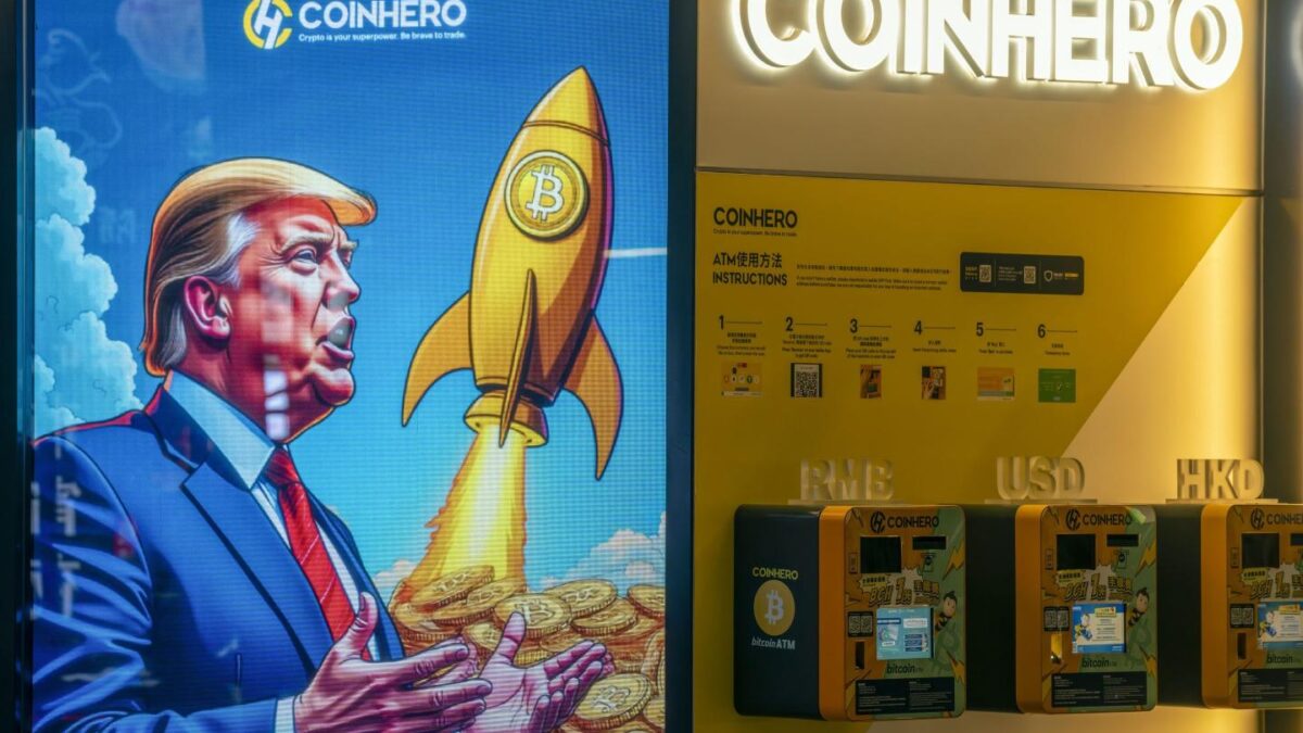 A Hong Kong Bitcoin ATM depicts President Donald Trump, whose administration has looked to establish a crypto reserve.