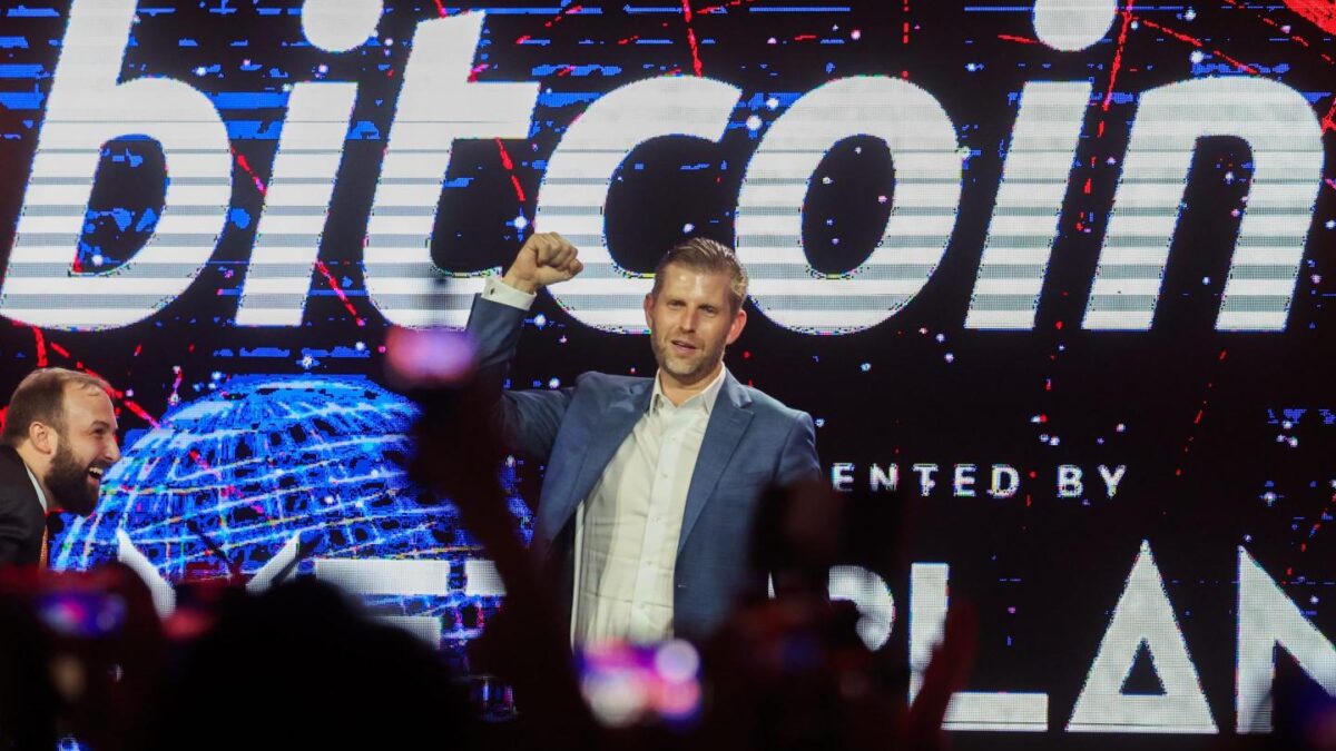 Eric Trump onstage at a Bitcoin conference in Hong Kong in August.