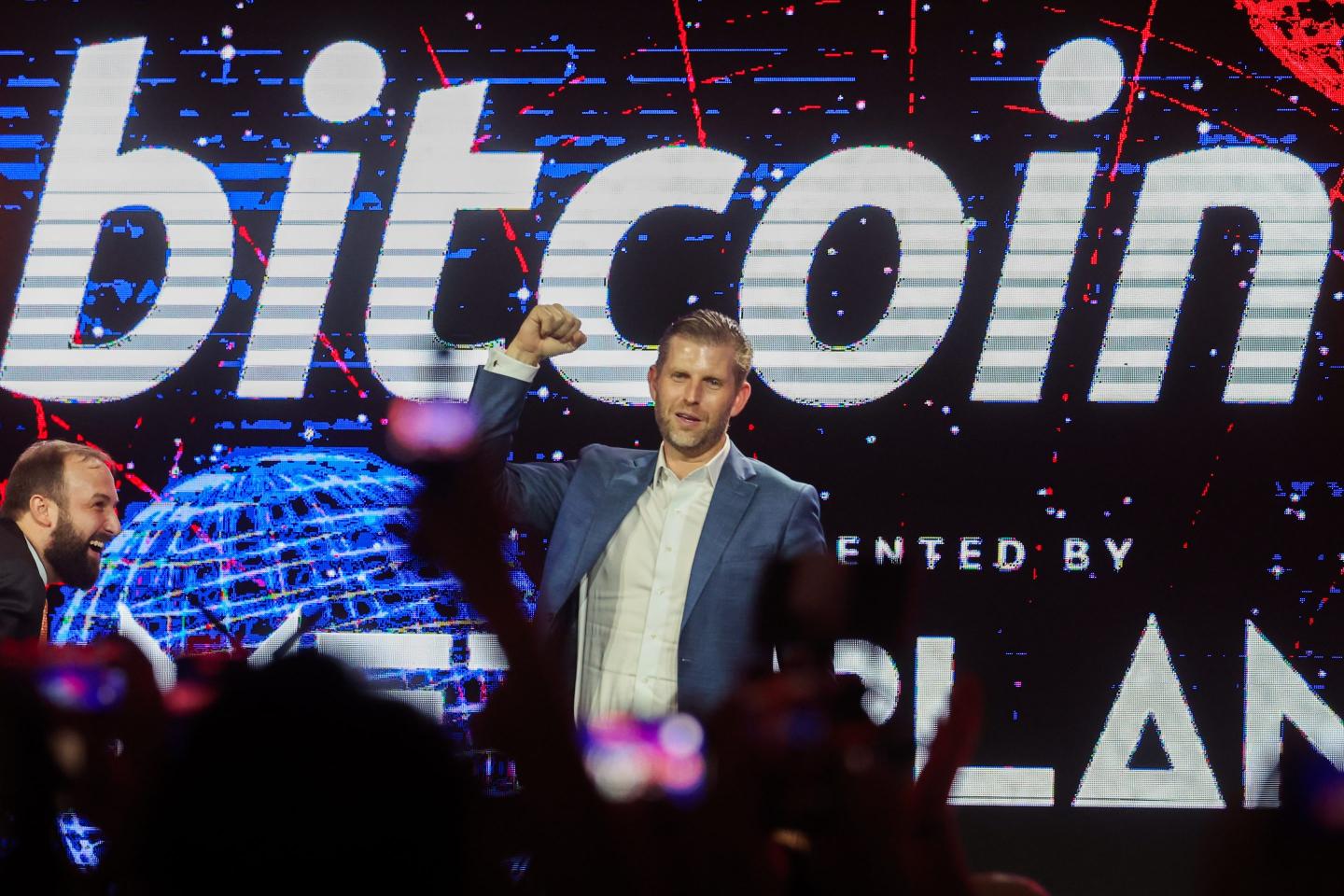 Eric Trump onstage at a Bitcoin conference in Hong Kong in August.