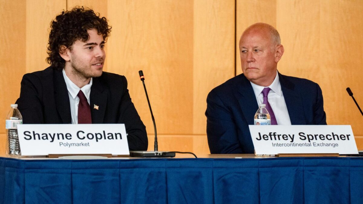 Shayne Coplan, founder and CEO of Polymarket, with Jeffrey Sprecher, chairman and CEO of Intercontinental Exchange.