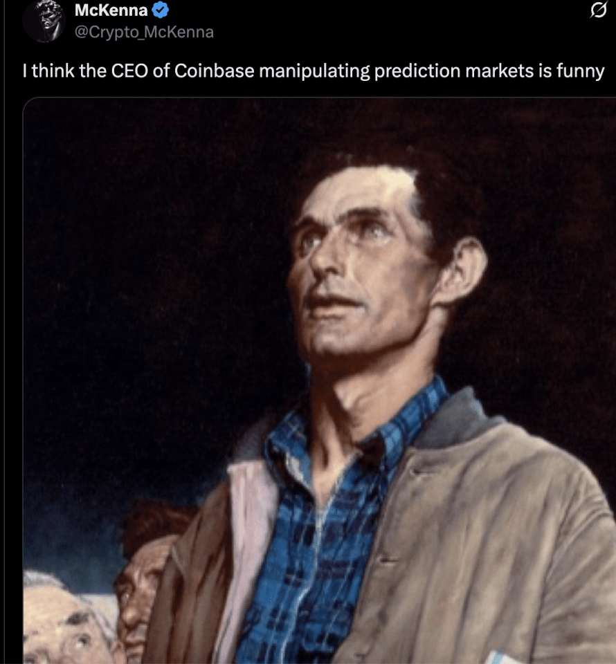 screenshot-2025-11-03-at-72226-am-e1762172671856 A screenshot of a Twitter post making fun of Coinbase CEO's decision to sway prediction markets.