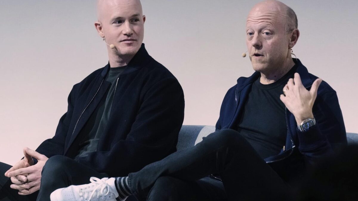 Brian Armstrong, left, Co-founder and CEO of Coinbase, and Jeremy Allaire, Co-Founder, Chairman and CEO of Circle, participate in the State of Crypto Summit, in New York, on June 12, 2025.