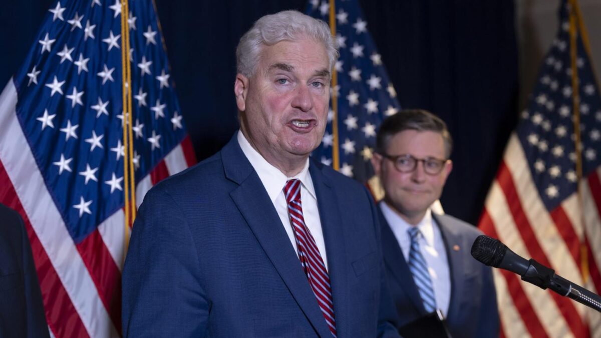 House Majority Whip Tom Emmer, R-Minn., left, joined at right by Speaker of the House Mike Johnson, R-La., discusses crypto legislation during a news conference at the Republican National Committee headquarters in Washington, on July 15, 2025.