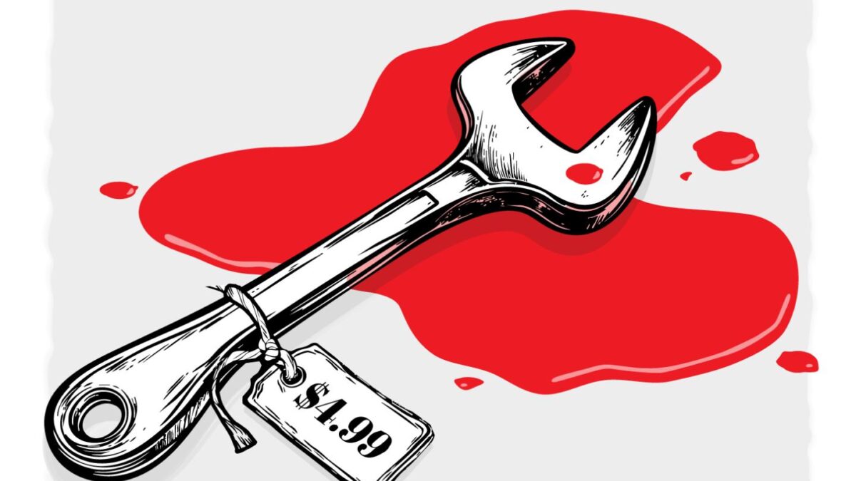 Illustration shows a wrench soaked in blood