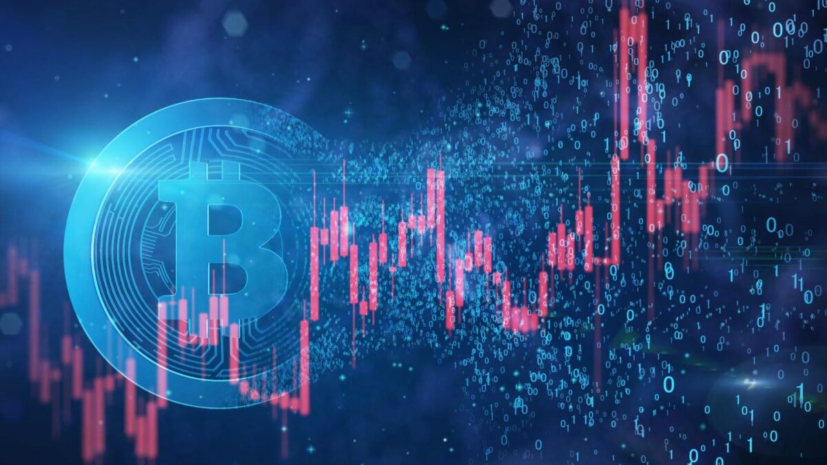 Bitcoin shape formed by binaries data of 0 and 1.