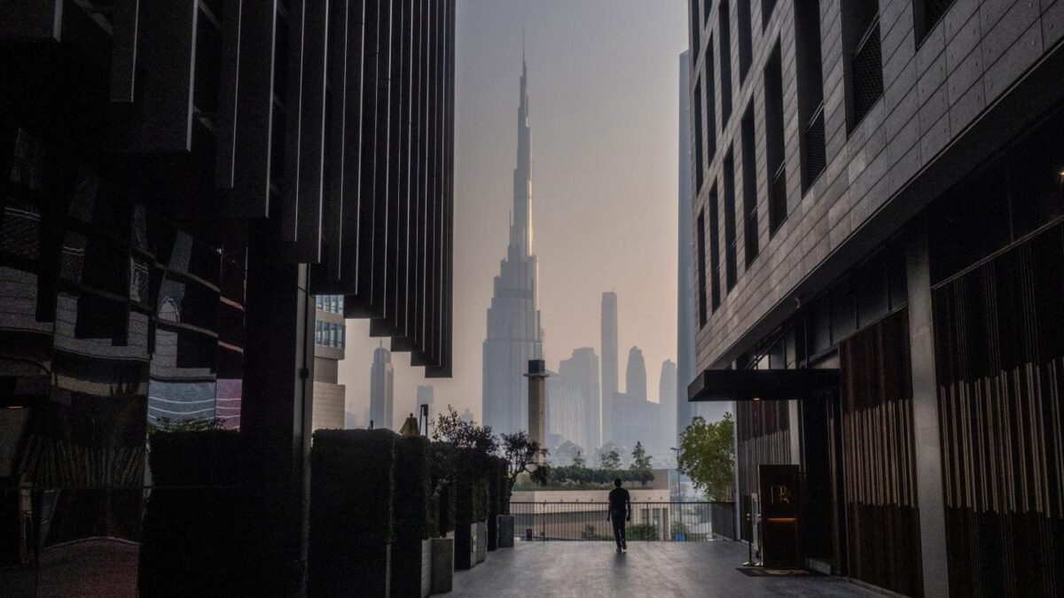 The Burj Khalifa (center) viewed from the Dubai International Financial Centre district.