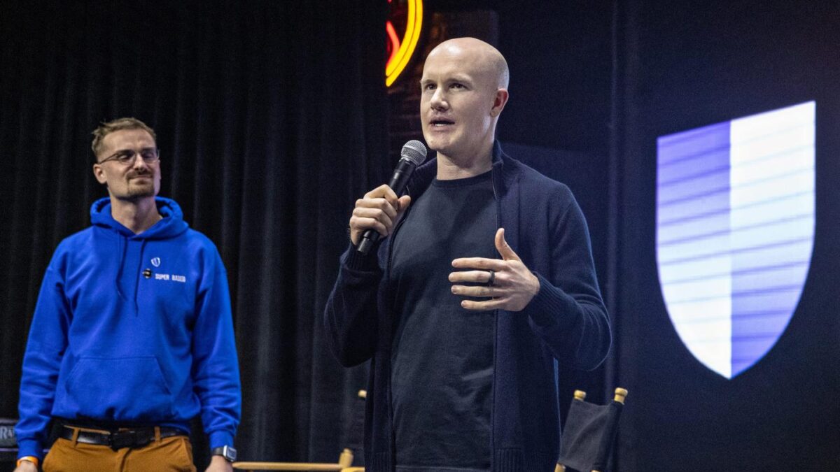 Coinbase CEO Brian Armstrong speaks at the Stand with Crypto rally in March.