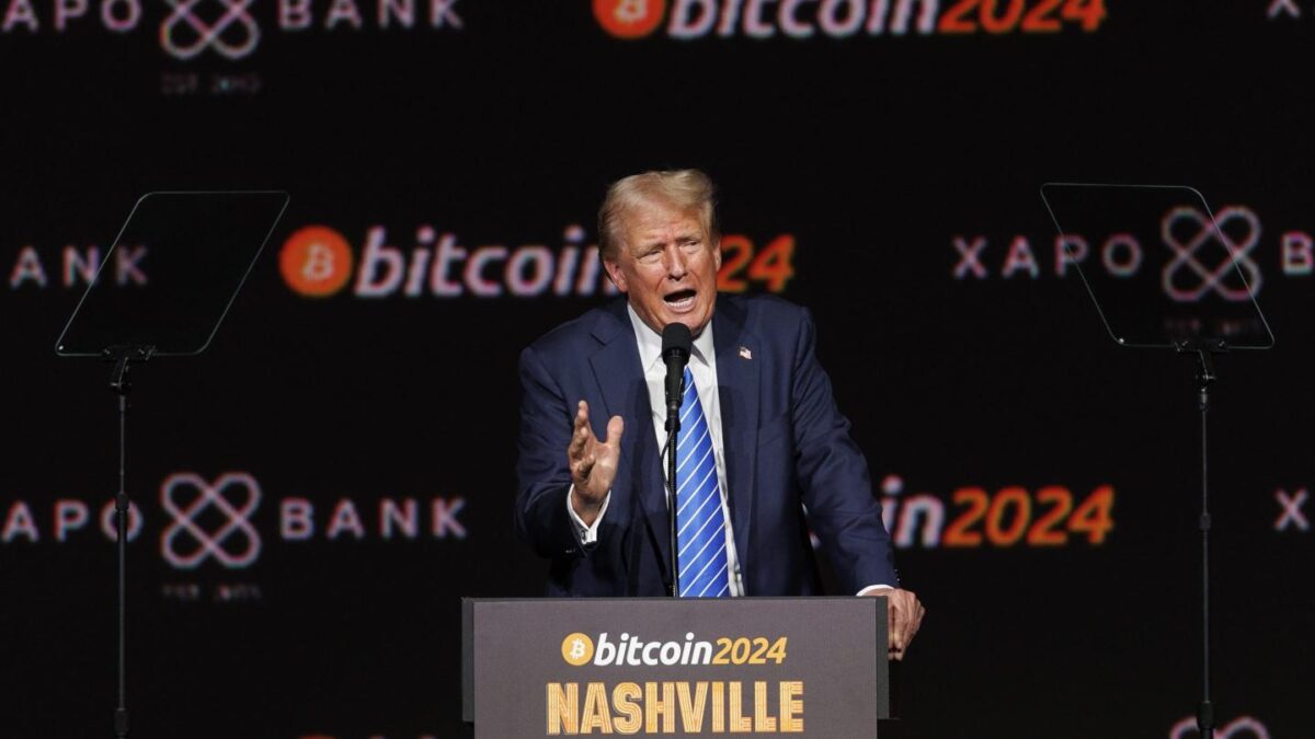 Donald Trump speaks at the Bitcoin 2024 conference in Nashville, Tennessee, US, on Saturday, July 27, 2024