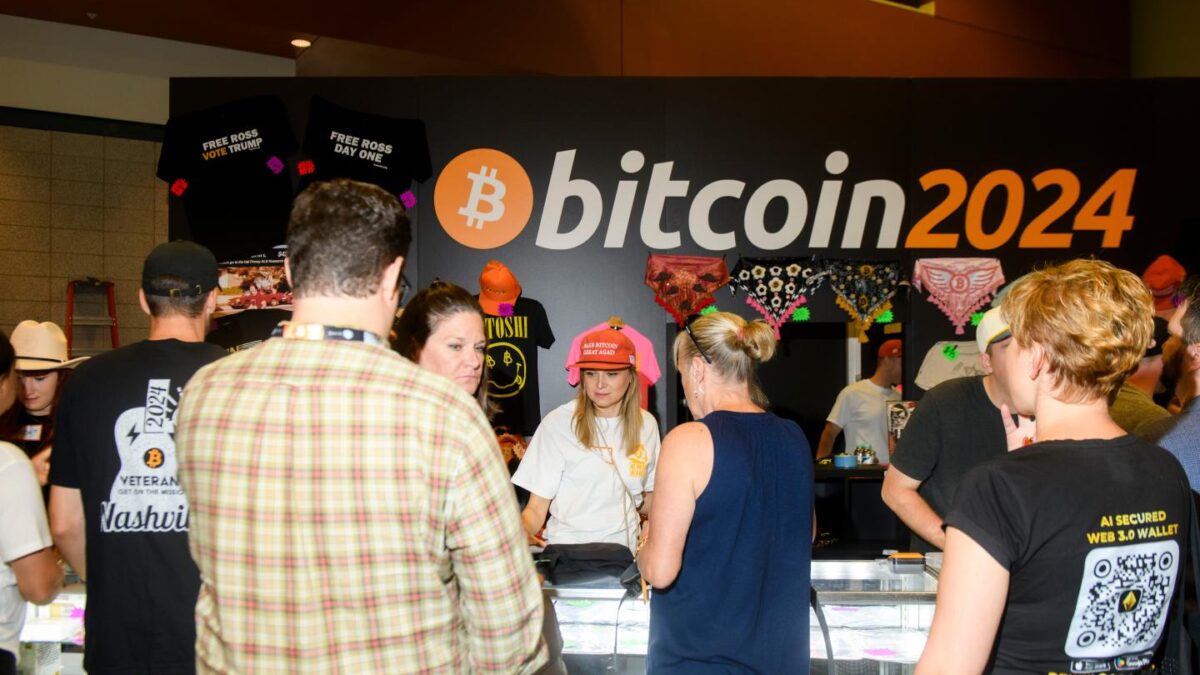 Attendees shop for swag at the Bitcoin 2024 conference in Nashville, Tennessee, US, on Friday, July 26, 2024.