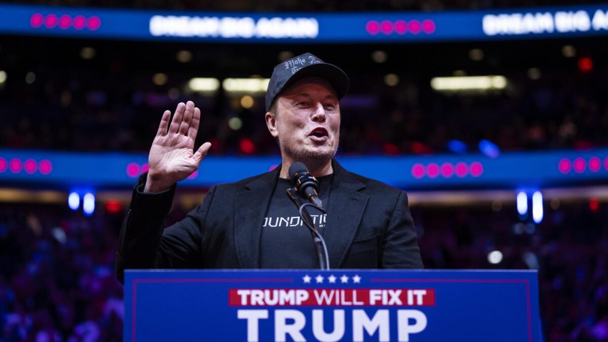 Elon Musk speaks at a Trump rally in Madison Square Garden on Oct. 27.