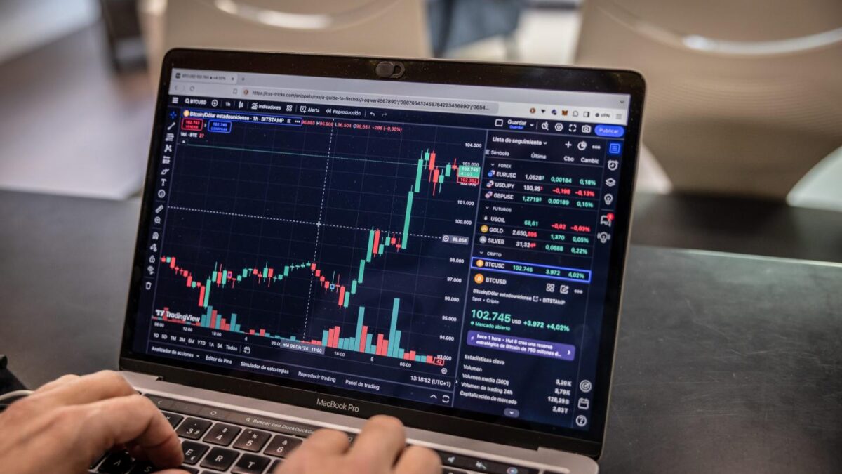 A candlestick chart showing bitcoin pricing on a laptop computer at a BitBase cryptocurrency exchange.