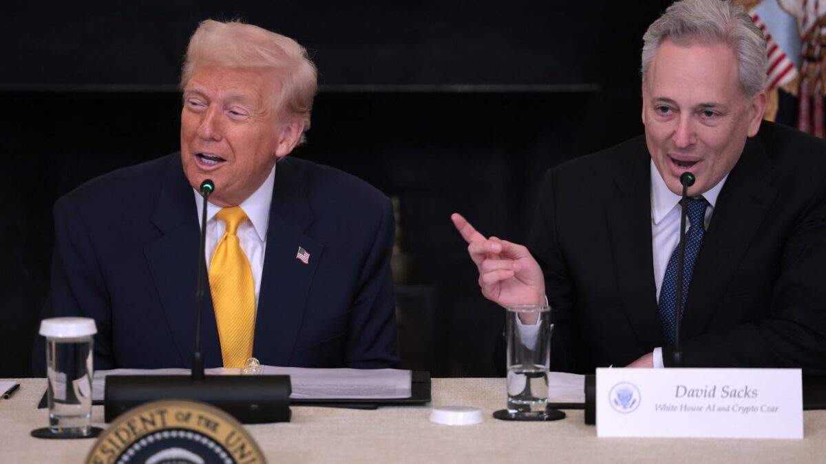 U.S. President Donald Trump and White House crypto czar David Sacks speak at the White House Digital Assets Summit in March.