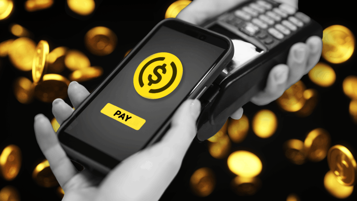 female hand pays at a noble terminal with Stablecoin while coins fall down in the background.