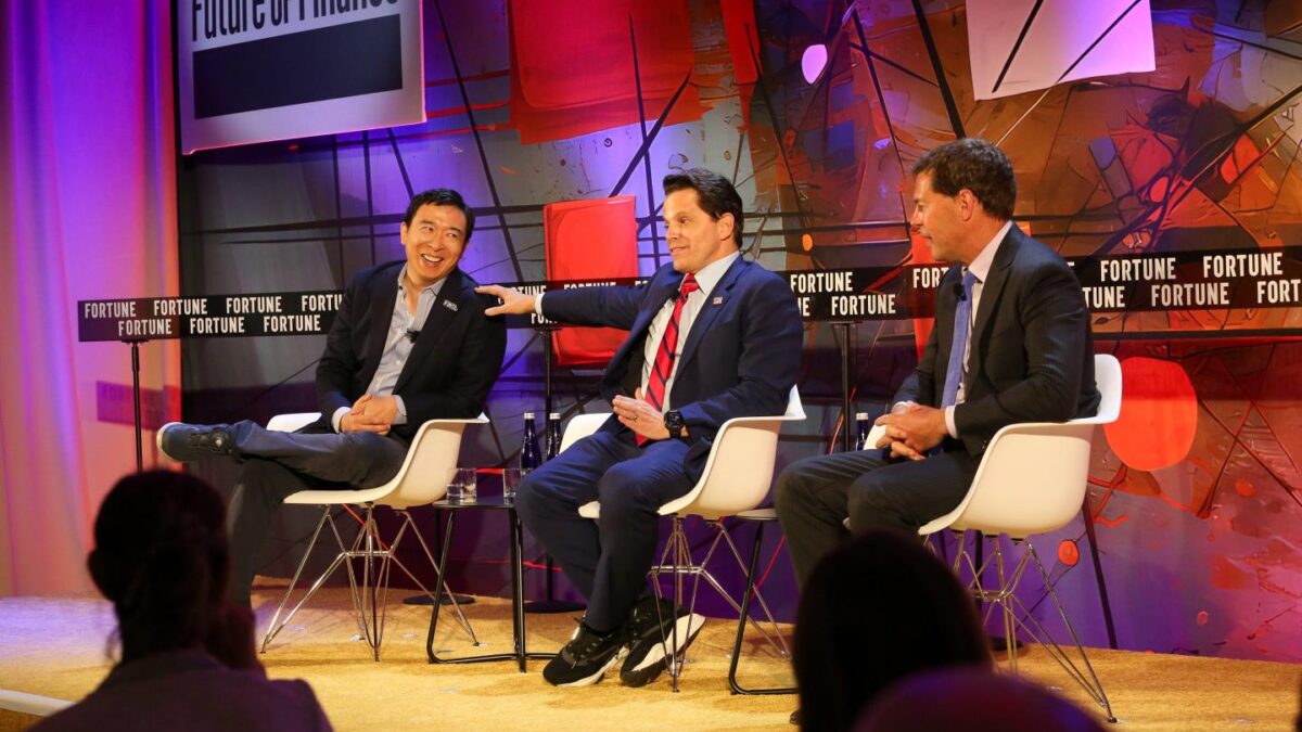 Andrew Yang and Anthony Scaramucci speak with Fortune editor Jeff John Roberts at the Future of Finance conference in New York City, May 16, 2024.